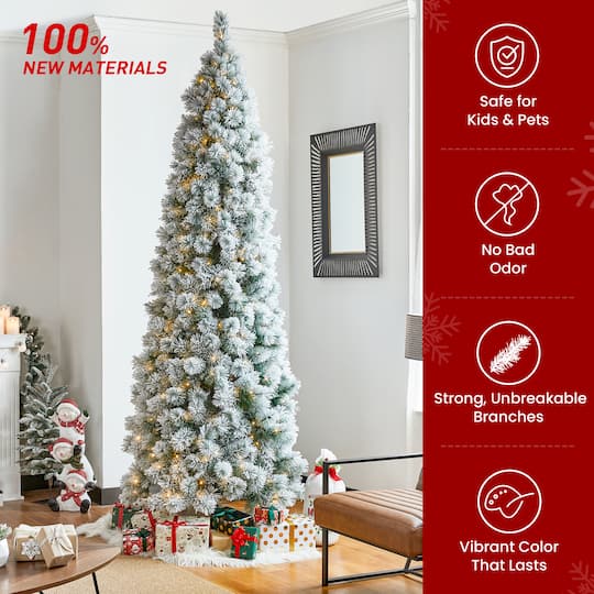 9ft. Pre-Lit Flocked Pine Pencil Artificial Christmas Tree, Warm White LED Lights